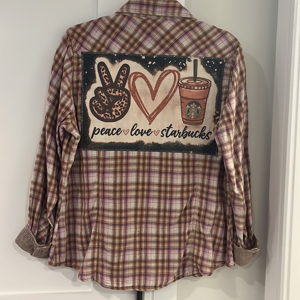 Vintage 1 Woman’s Plaid Flannel Starbucks Button Down Shirt Size Small Like New